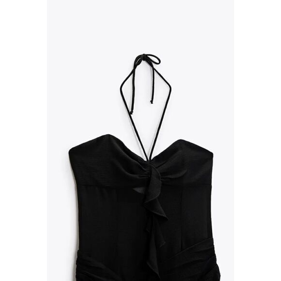 NWT Zara Black Ruffled Draped Halter Tie Mini Dress, Size Small - Picture 10 of 15